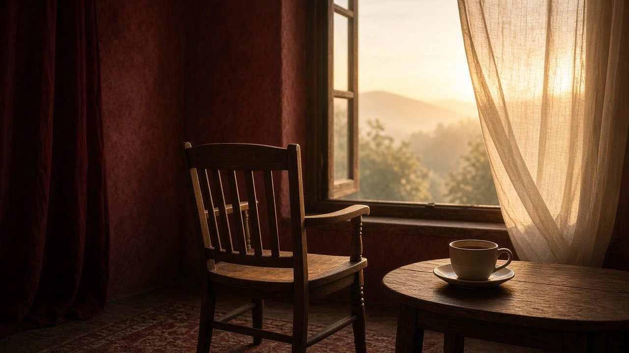 Une chaise vide face à une fenêtre baignée de lumière à l’aube